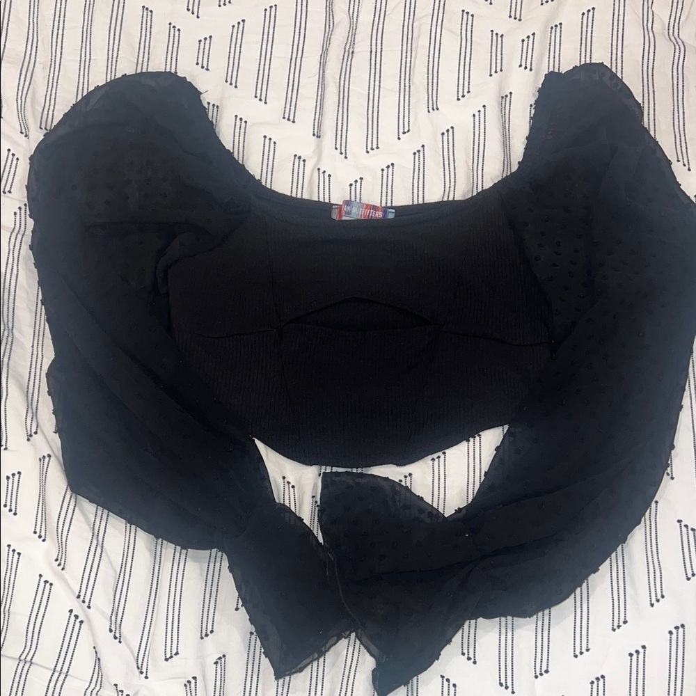 UO Black Sheer Polka Dot Puff Sleeve Ribbed Cutout Corse Crop Top